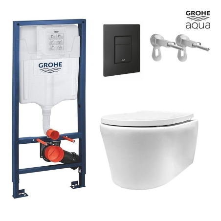 BASTIDOR GROHE CISTERNA EMPOTRADA Y PULSADOR EVEN NEGRO MAT CON INODORO SUSPENDIDO Rimless Lia blanco br AQUA