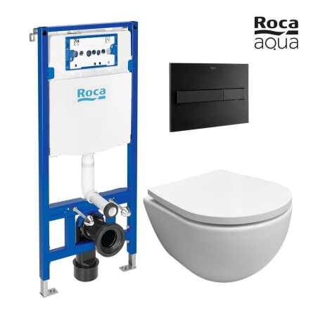 Pack Bastidor ROCA Duplo Cisterna Empotrada y Pulsador PL7 Negro Mate + Inodoro Suspendido SWISS Blanco Br Soft-Close