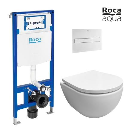 Pack Bastidor ROCA Duplo Cisterna Empotrada y Pulsador PL7 Blanco Mate + Inodoro Suspendido SWISS Blanco CM Soft-Close