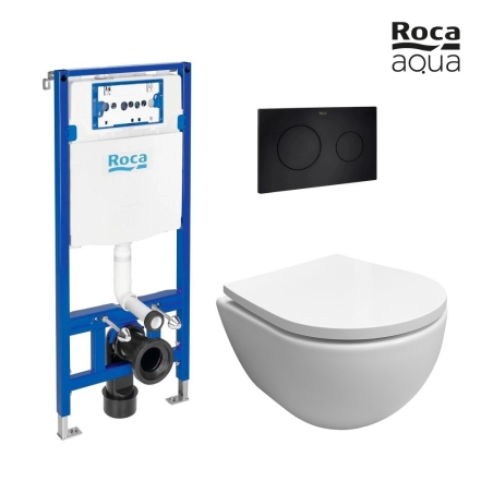 Pack Bastidor ROCA Duplo Cisterna Empotrada y Pulsador PL10 Negro Mate + Inodoro Suspendido SWISS Blanco Br Soft-Close