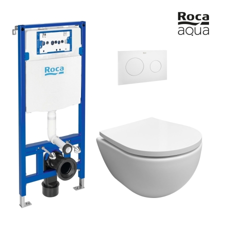 Pack Bastidor ROCA Duplo Cisterna Empotrada y Pulsador PL10 Blanco Mate + Inodoro Suspendido SWISS Blanco Br Soft-Close