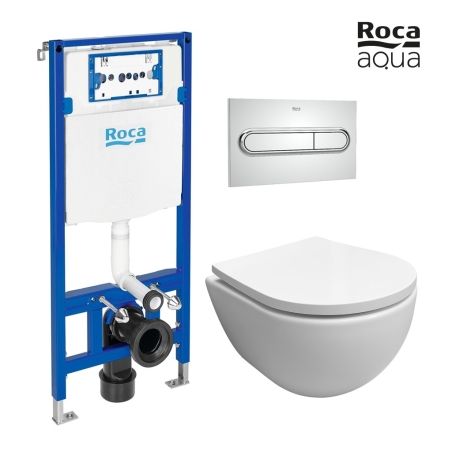 Pack Bastidor ROCA Duplo Cisterna Empotrada y Pulsador PL1 Dual Cromo Br + Inodoro Suspendido SWISS Blanco Br Soft-Close