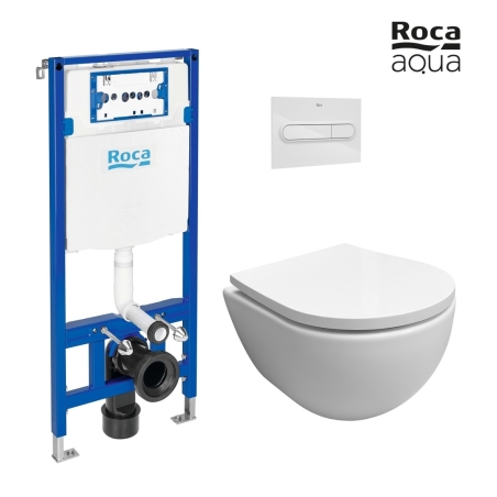 Pack Bastidor ROCA Duplo Cisterna Empotrada y Pulsador PL1 Dual Blanco Br + Inodoro Suspendido SWISS Blanco Br Soft-Close