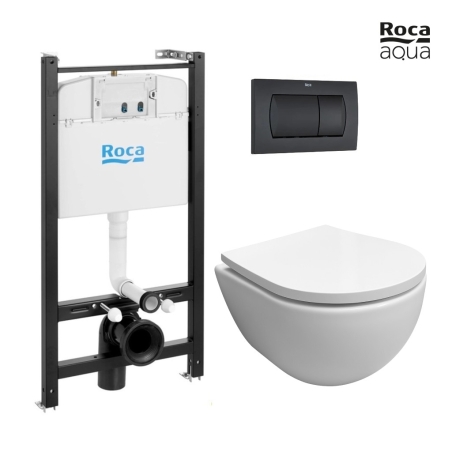 Pack Bastidor ROCA Active Cisterna Empotrada y Pulsador PVC Negro Mate + Inodoro Suspendido SWISS Blanco Br Soft-Close