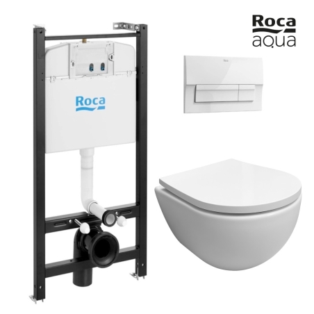 Pack Bastidor ROCA Active Cisterna Empotrada y Pulsador PVC Blanco New + Inodoro Suspendido SWISS Blanco Br Soft-Close