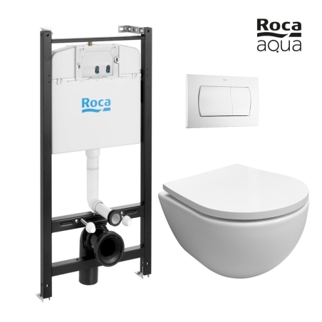 Pack Bastidor ROCA Active Cisterna Empotrada y Pulsador Blanco br + Inodoro Suspendido SWISS Blanco CM Soft-Close