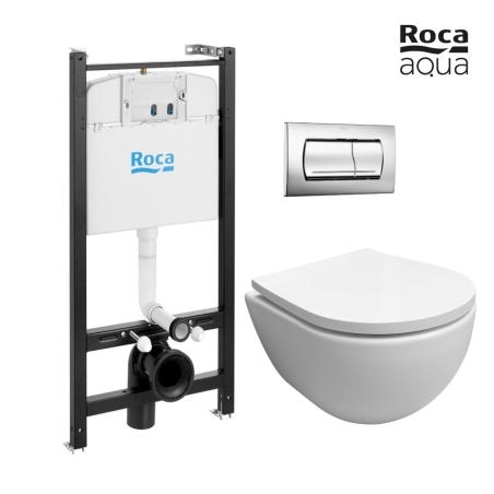 Pack Bastidor ROCA Active Cisterna Empotrada y Pulsador Cromo Br + Inodoro Suspendido SWISS Blanco Br Soft-Close