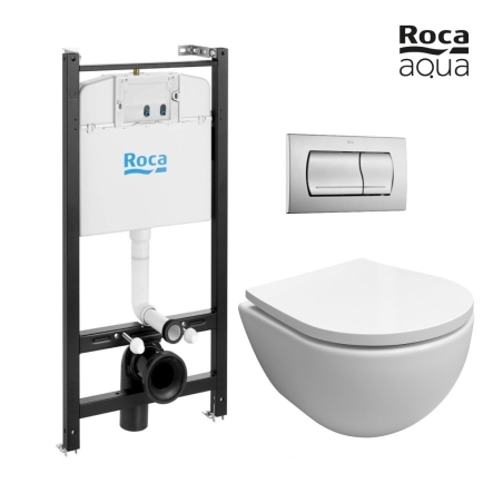 Pack Bastidor ROCA Active Cisterna Empotrada y Pulsador Cromo Mate + Inodoro Suspendido SWISS Blanco Br Soft-Close