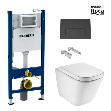 BASTIDOR GEBERIT PACK CISTERNA EMPOTRADA Y PULSADOR DELTA 50 NEGRO BR CON INODORO SUSPENDIDO ROCA THE GAP CON SISTEMA RIMLESS