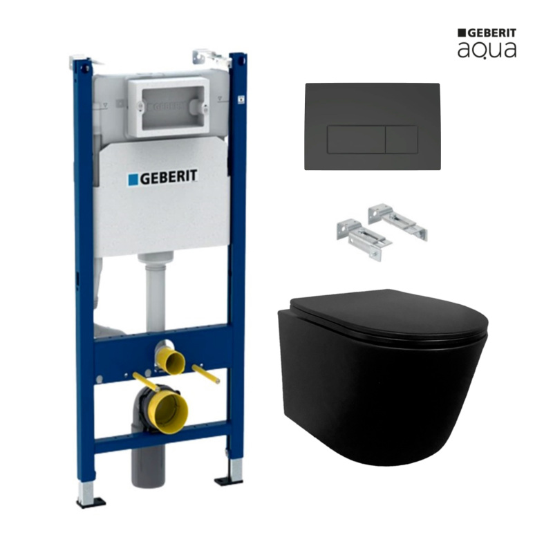 BASTIDOR GEBERIT PACK CISTERNA EMPOTRADA Y PULSADOR DELTA 50 NEGRO MAT CON INODORO SUSPENDIDO RIMLESS MIRAGE NEGRO MATE 48CM
