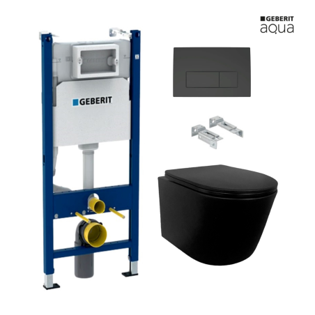 BASTIDOR GEBERIT PACK CISTERNA EMPOTRADA Y PULSADOR DELTA 50 NEGRO MAT CON INODORO SUSPENDIDO RIMLESS MIRAGE NEGRO MATE 48CM