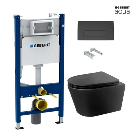 Bastidor GEBERIT Duofix pack cisterna empotrada y pulsador DELTA 50 ng mt con WC suspendido AQUA ECLIPSE NEGRO MATE Rimless 48CM