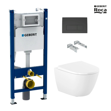 Bastidor GEBERIT Duofix pack cisterna empotrada y pulsador DELTA 50 Negro Mat con inodoro suspendido Rim-ex ROCA ONA blanco