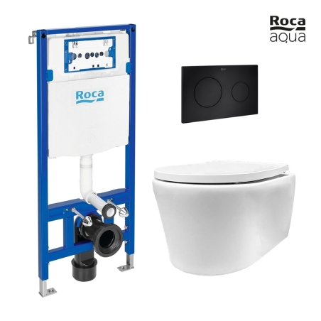 BASTIDOR ROCA DUPLO CISTERNA EMPOTRADA Y PULSADOR PL10 NEGRO MATE CON INODORO SUSPENDIDO Lia Rimless blanco br marca AQUA