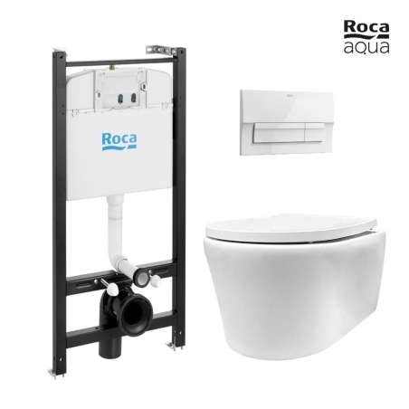 BASTIDOR ROCA ACTIVE PACK CISTERNA EMPOTRADA Y PULSADOR BLANCO BR NEW CON INODORO SUSPENDIDO Rimless Lia blanco br marca AQUA