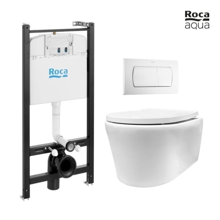 BASTIDOR ROCA ACTIVE PACK CISTERNA EMPOTRADA Y PULSADOR BLANCO BRILLO CON INODORO SUSPENDIDO Rimless Lia blanco br marca AQUA