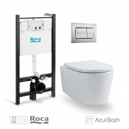 Bastidor empotrado ROCA Active Pack con cisterna y pulsador cromo mat, con inodoro suspendido Rimless LIA blanco de AzulBath