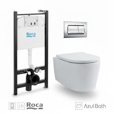 Bastidor empotrado ROCA Active Pack con cisterna y pulsador cromo br, con inodoro suspendido Rimless LIA blanco de AzulBath
