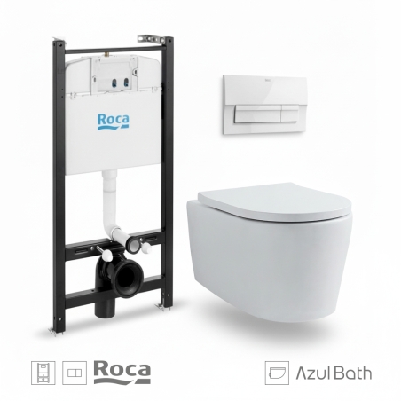 Bastidor empotrado ROCA Active Pack con cisterna y pulsador blanco new, con inodoro suspendido Rimless LIA blanco de AzulBath