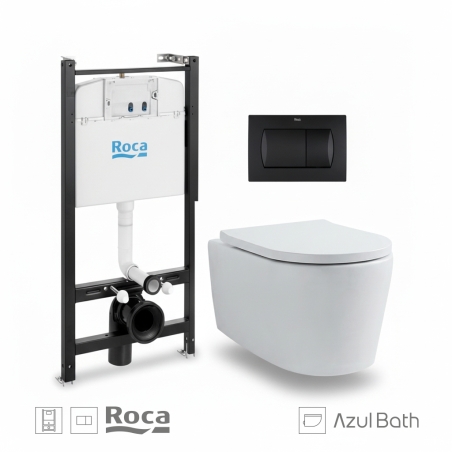 Bastidor empotrado ROCA Active Pack con cisterna y pulsador negro mat, con inodoro suspendido Tornado LIA blanco br de AzulBath
