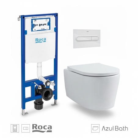 Bastidor empotrado ROCA Duplo Pack con cisterna y pulsador PL1 Dual bl, con inodoro suspendido Rimless LIA de AzulBath
