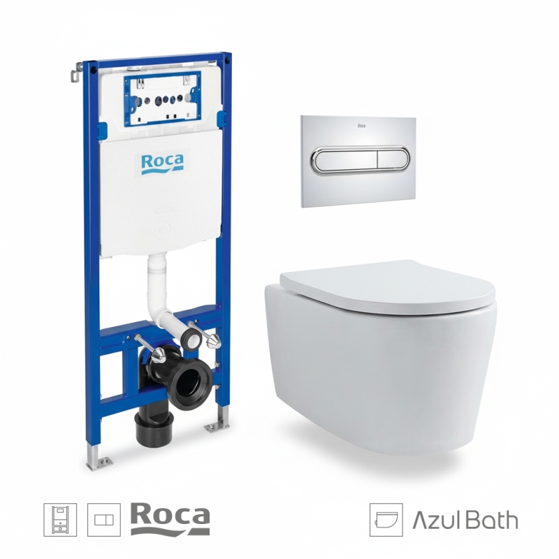 Bastidor empotrado ROCA Duplo Pack con cisterna y pulsador PL1 Dual cr, con inodoro suspendido Tornado LIA EKOVIA AzulBath