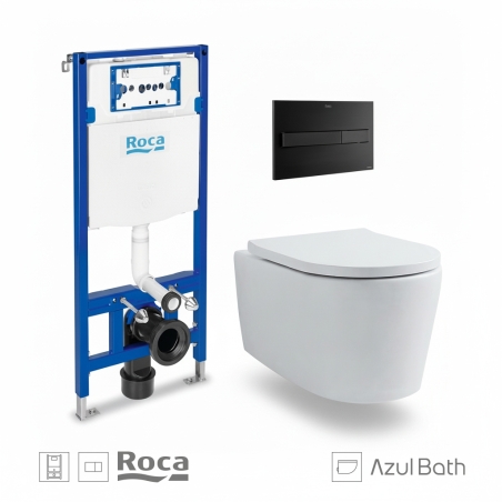 Bastidor empotrado ROCA Duplo Pack con cisterna y pulsador PL7 Dual negro mat, con inodoro suspendido Rimless LIA de AzulBath