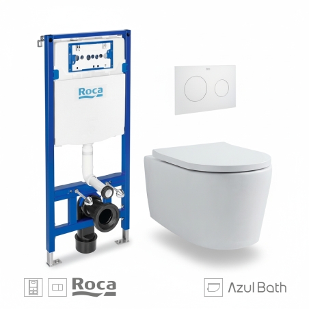 Bastidor empotrado ROCA Duplo Pack con cisterna y pulsador PL10 bl mat., con inodoro suspendido Rimless LIA de AzulBath