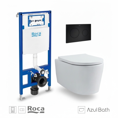 Bastidor empotrado ROCA Duplo Pack con cisterna y pulsador PL10 neg mat, con inodoro suspendido Rimless LIA de AzulBath