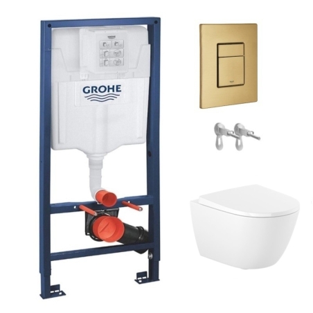 Bastidor GROHE pack cisterna y pulsador SKATE Oro Cepillado con inodoro susp ROCA ONA CON SISTEMA RIMLESS