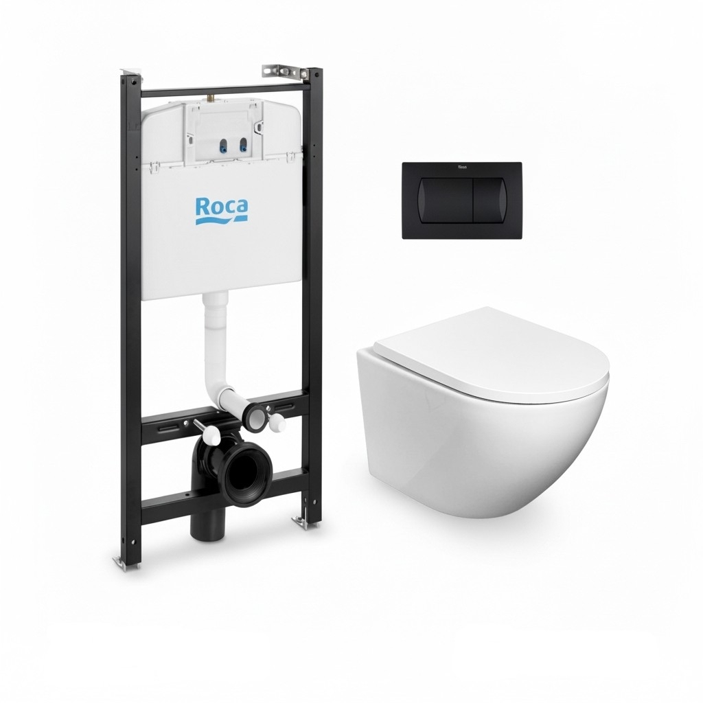 BASTIDOR ROCA ACTIVE PACK CISTERNA EMPOTRADA Y PULSADOR NEGRO MAT CON INODORO SUSPENDIDO ROUND SMART 52cm TOR3 TAPA ENV.MARCA KP