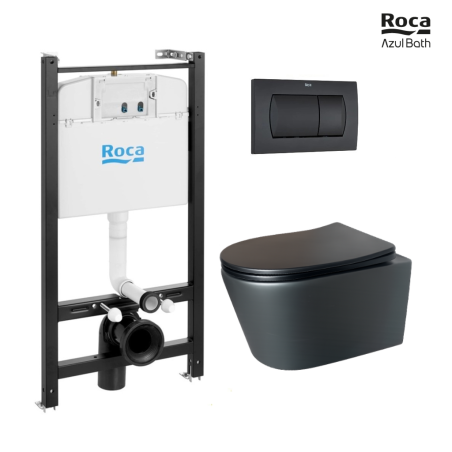 Bastidor con Cisterna Empotrada + Inodoro Ekovia Tornado Negro Mate AzulBath con Pulsador Negro Mate