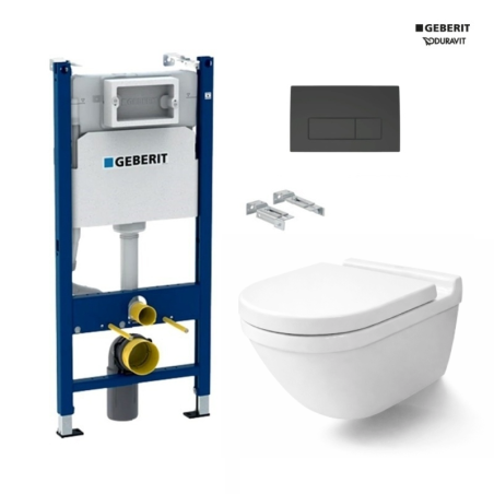 Pack Geberit Duofix: bastidor con cisterna + pulsador negro Delta 50 + WC suspendido Duravit Starck 3 Rimless blanco