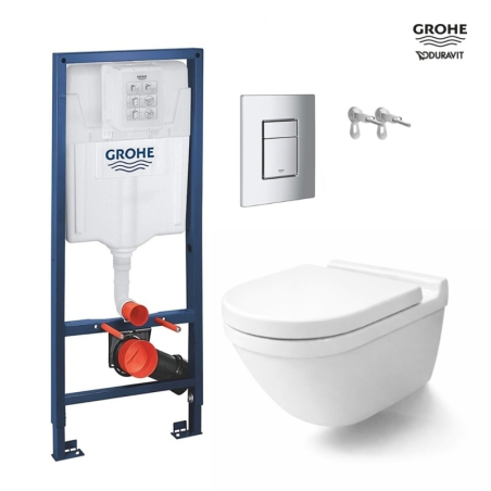 Pack Grohe Rapid SL: bastidor con cisterna + pulsador cromo + WC suspendido Duravit Starck 3 Rimless blanco