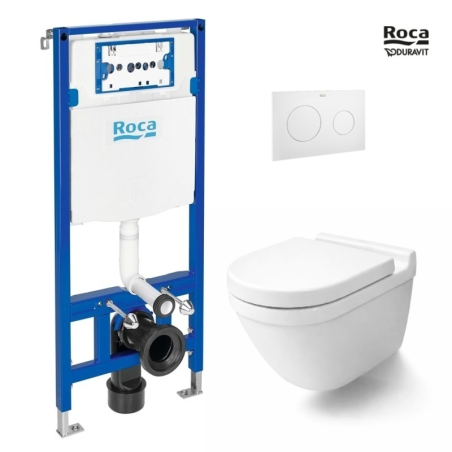 Pack Roca Duplo One WC: bastidor con cisterna + pulsador PL10 blanco mate + WC suspendido Duravit Starck 3 Rimless blanco