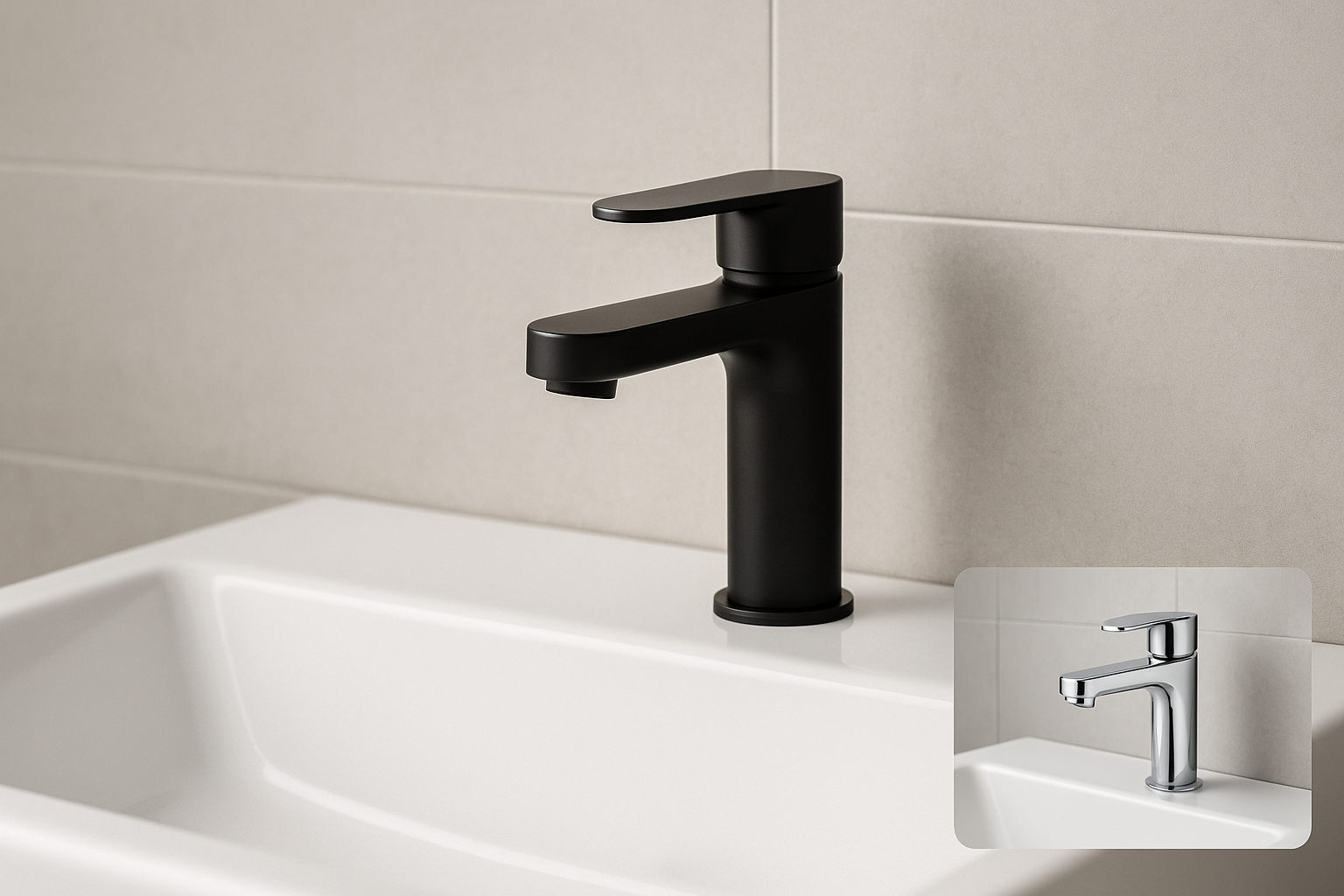 Grifo monomando negro mate sobre lavabo cerámico con fondo de azulejos grises (detalle + inserto en cromado) Grifo monomando negro mate sobre lavabo cerámico con fondo de azulejos grises (detalle + inserto en cromado)
