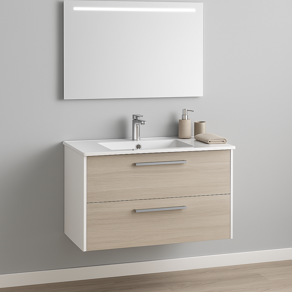 Mueble de baño suspendido moderno en blanco y madera clara con espejo LED integrado y grifería cromada